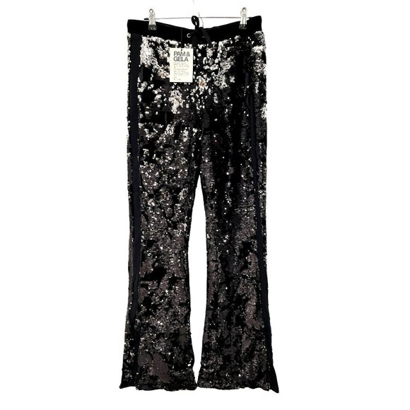 New Pam & Gela Black Sequin Flared Velour Pants Medium Mirror Ball Theme - Picture 5 of 9